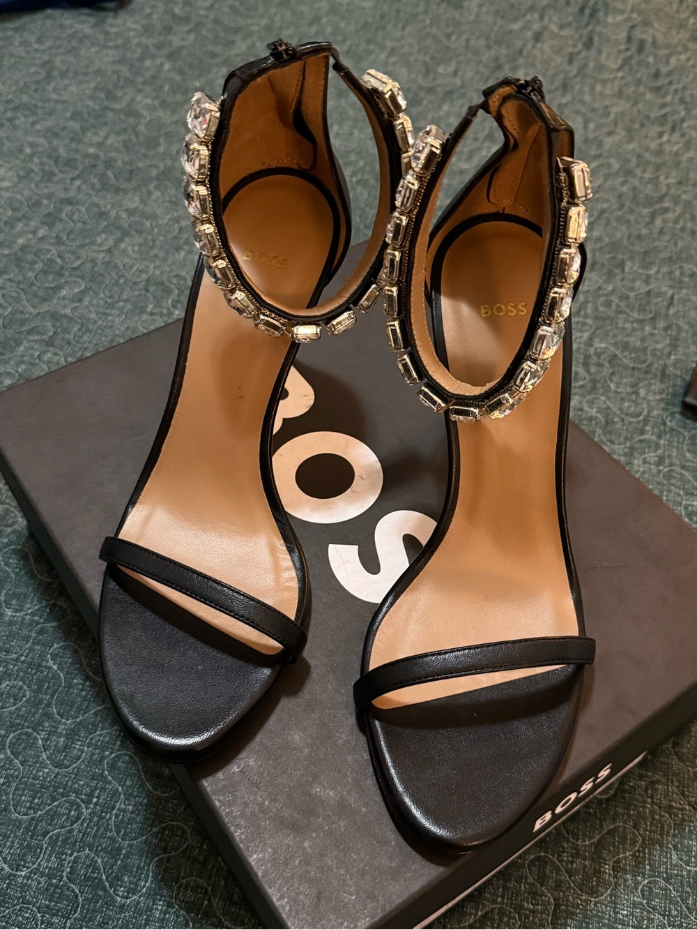 Boss Black Crystal-Ankle Strap Heeled Sandals